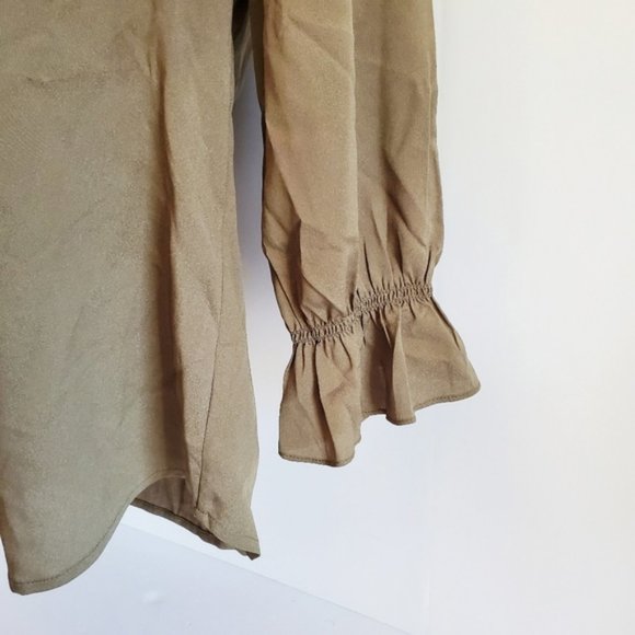 KARL LAGERFELD Bell Sleeve Ruffle Olive Green Pearl Button Top XS - Picture 6 of 8